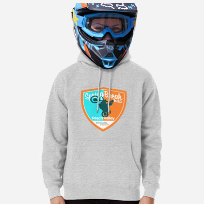 Spring Break Hoodies for Guided Colorado dirtbike rides at Peach Valley OHV Picture of a kid wearing an enduro helmet and a hoodie sweatshirt with a Peach Valley OHV Spring Break Logo